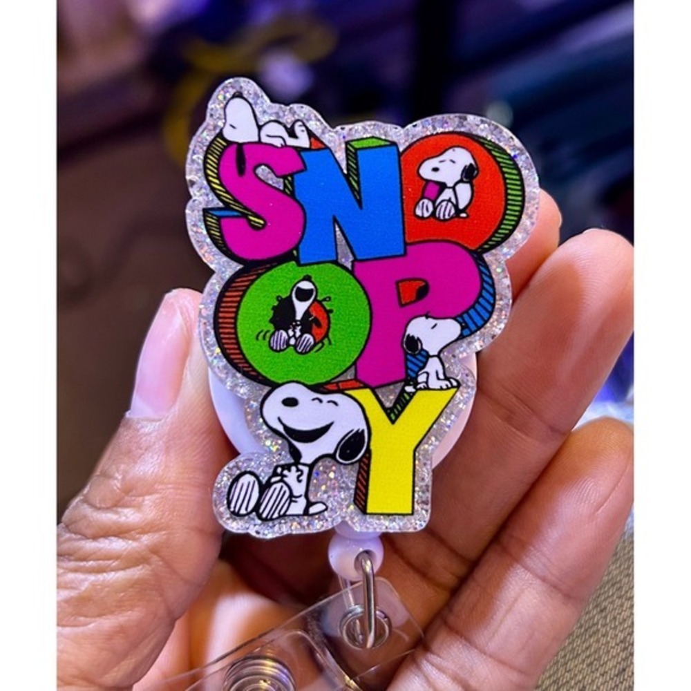 Snoopy Peanuts Retractable Badge Reel ID Holder Acrylic Glitter Nurse Teacher